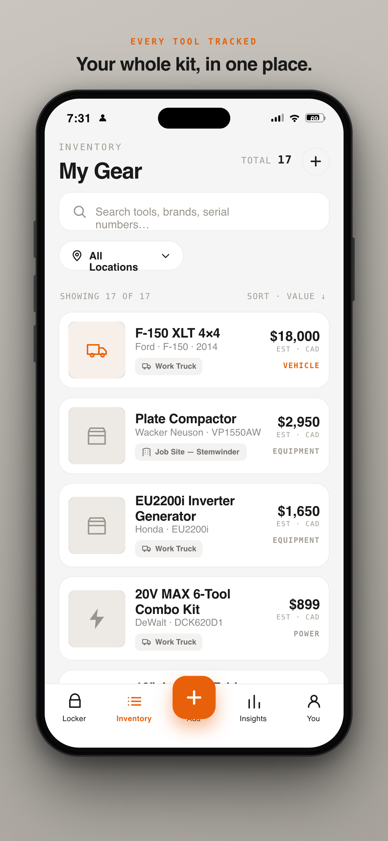 ToolTracked inventory list showing 17 tracked tools with replacement values